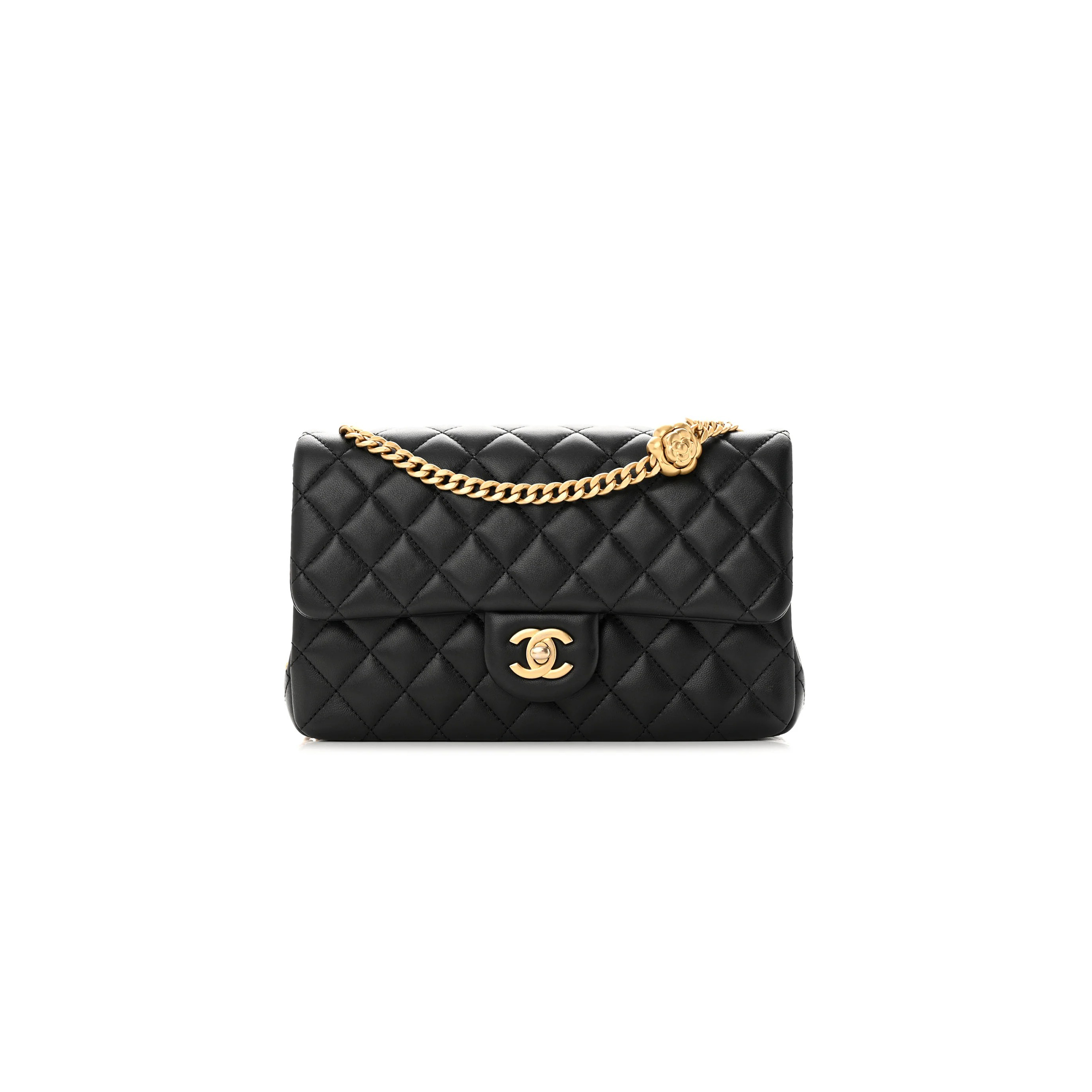 CHANEL MASTER LAMBSKIN QUILTED SMALL SWEET CAMELLIA FLAP BLACK (23*14*7cm)